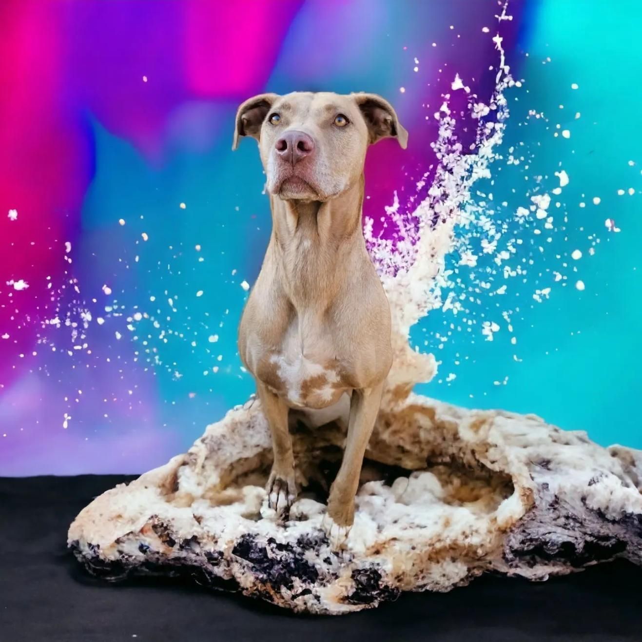 a Dog is Sitting on a Rock With Water Splashing Around It — Pawz N Clawz Pet Accommodation In Ciccone, NT