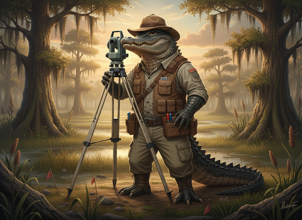 Alligator surveyor in khaki clothing, holding surveying equipment in a swamp.