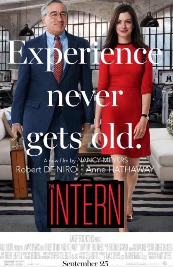 A movie poster for the intern shows a man in a suit and tie and a woman in a red dress