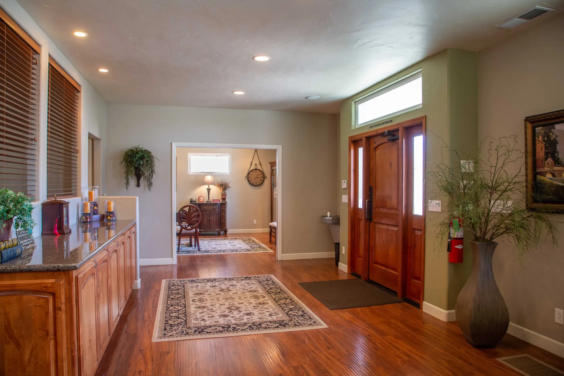 Bright entryway with wood floors, sideboard, rug, potted plants, and front door with sidelights.