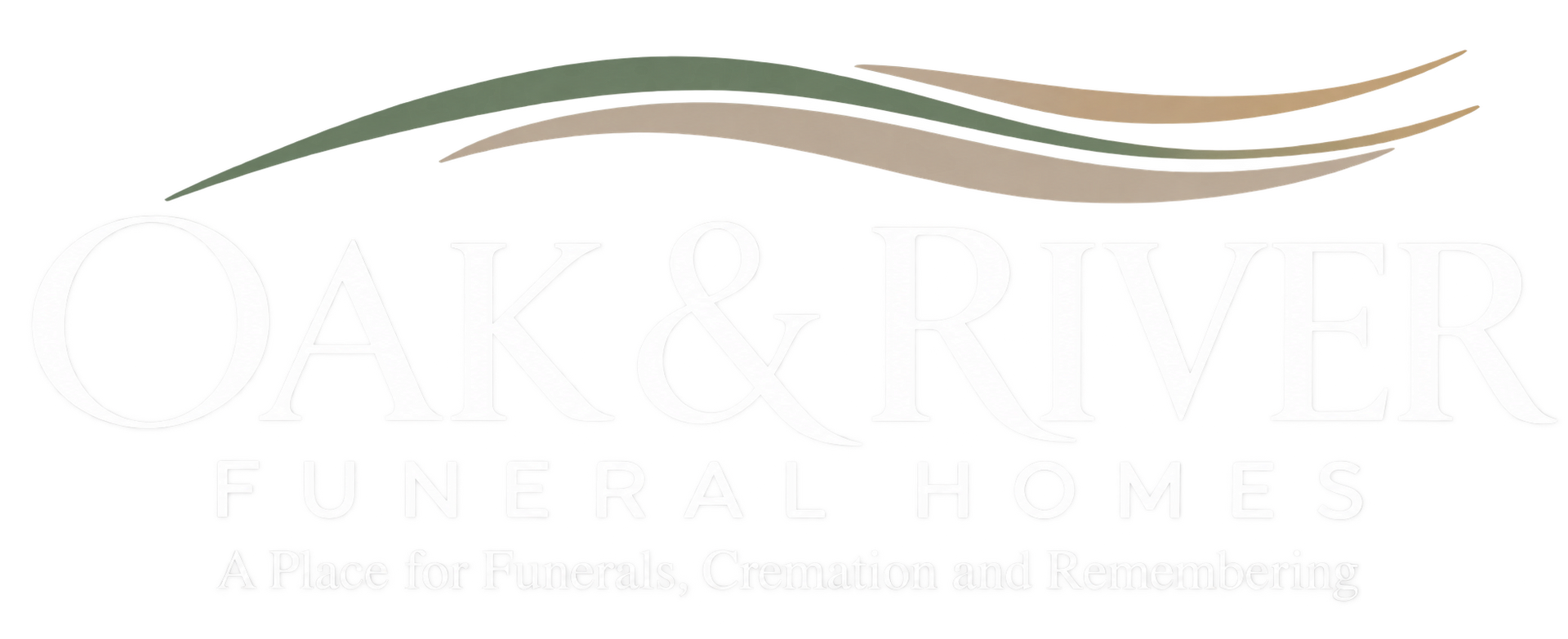 Oak & River Funeral Homes logo with gold tree and roots on black background