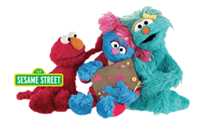 Sesame Street plush characters Elmo, Rosita, and a blue monster posing together on white background