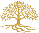 Gold stylized tree with roots spreading outward on a white background