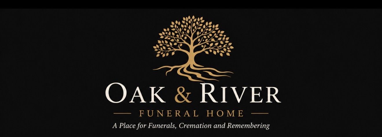 Oak & River Timber Home logo with a gold tree on a black background
