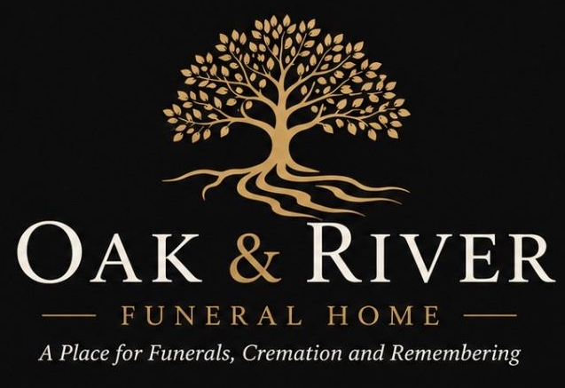 Oak & River Funeral Home logo with gold tree on black background and slogan “A Place for Funerals, Cremation and Remembering”