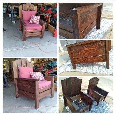 Collage of a rustic wooden armchair with pink cushions and matching side panels, shown from several angles.