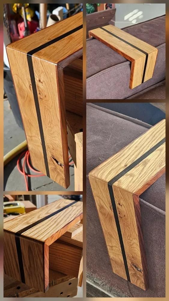 Close-up collage of a wooden chair corner with layered tan, black, and purple-stained wood edges.