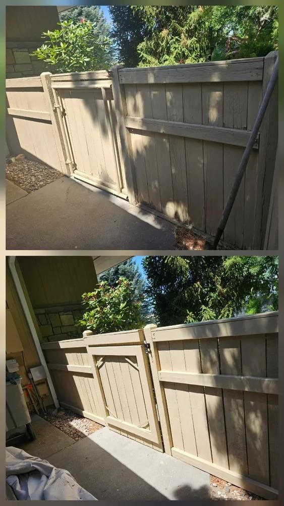 Two views of a beige wooden fence along a sunlit concrete patio.