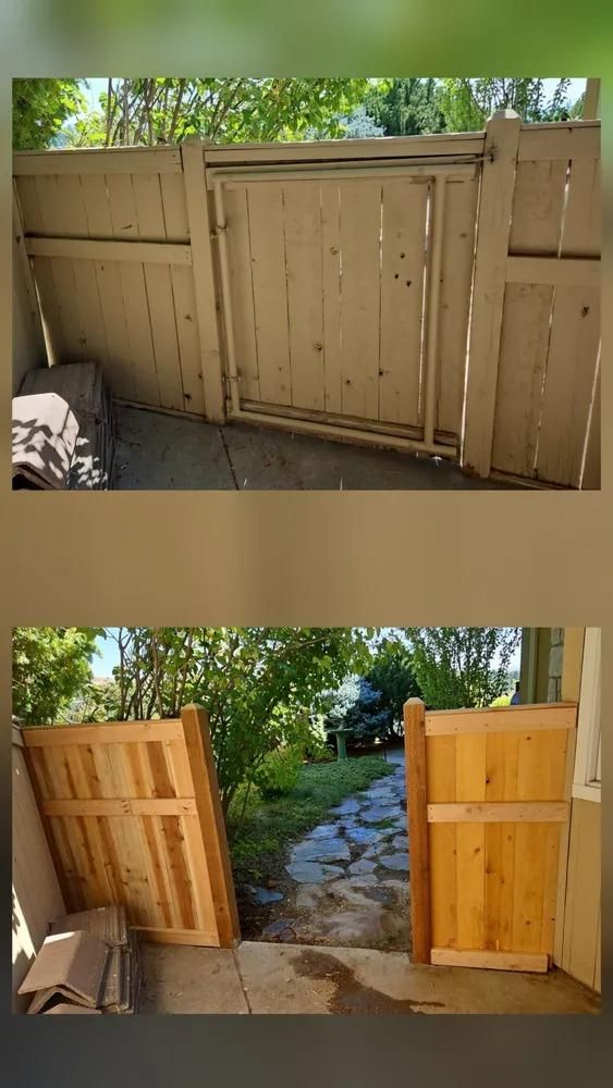 Top: closed wooden gate in a fenced patio; bottom: same gate open to a stone path leading to a garden.