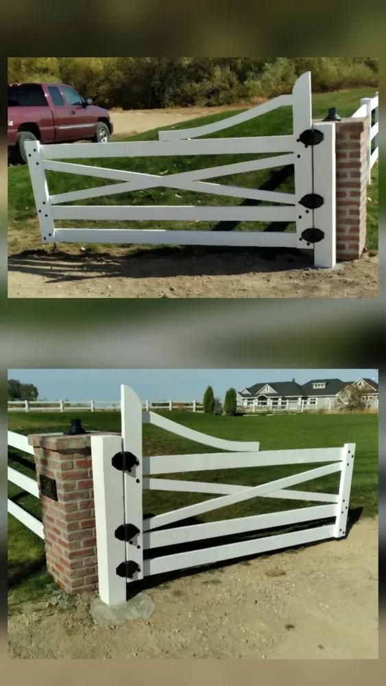 White wooden farm gate with diagonal slats between brick pillars, shown closed in two views.