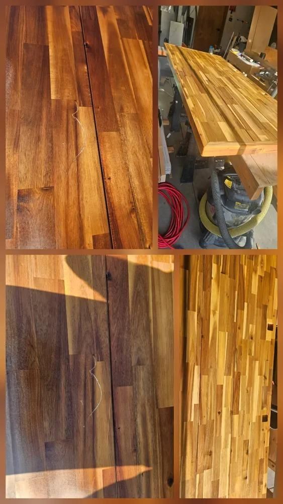 Collage of wooden boards with varied grain and stain tones on a workbench and floor