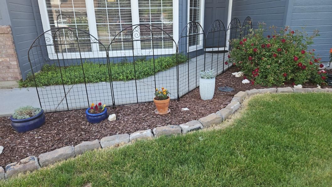 Front yard flower bed with black fence, potted plants, and red shrub beside a house window