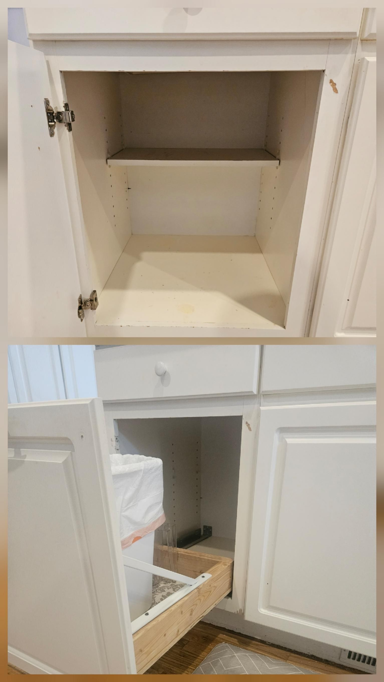 Open cabinet with empty shelves; lower view shows a pull-out drawer inside a white kitchen cabinet.