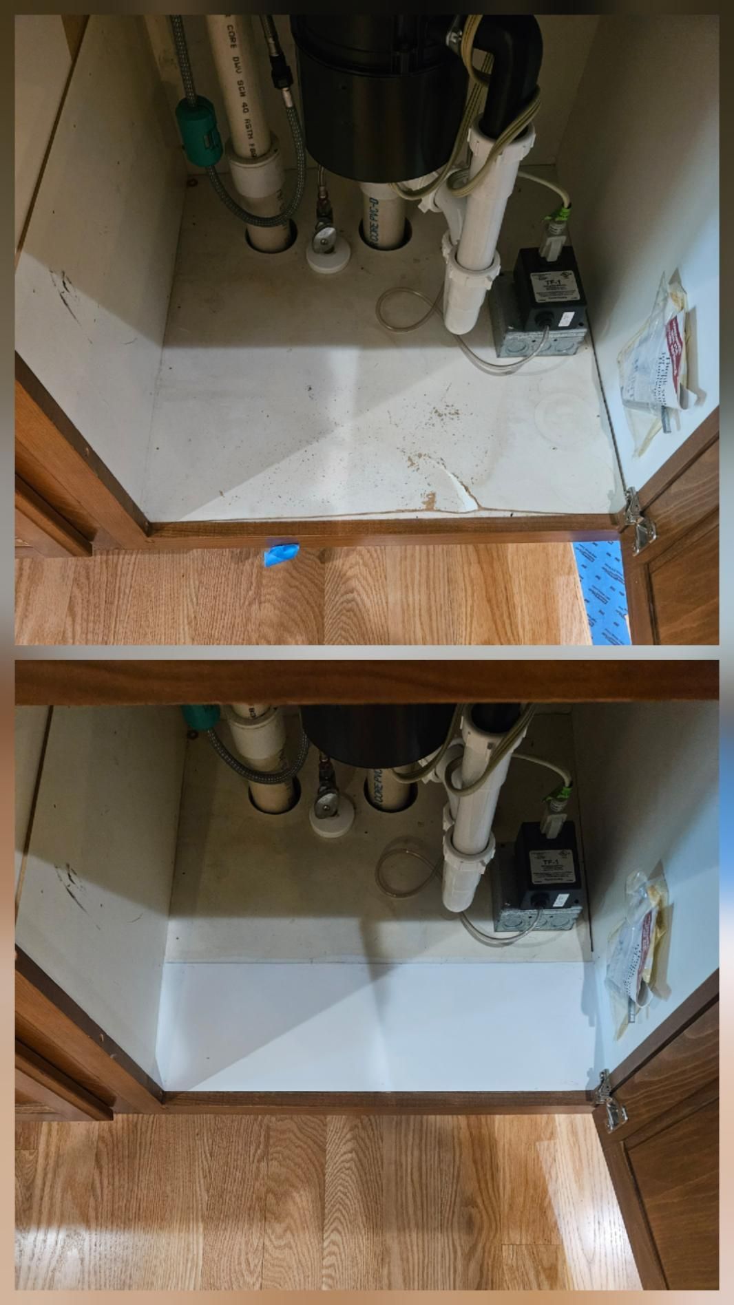 Open cabinet under a sink, showing white plumbing pipes and a wood floor.