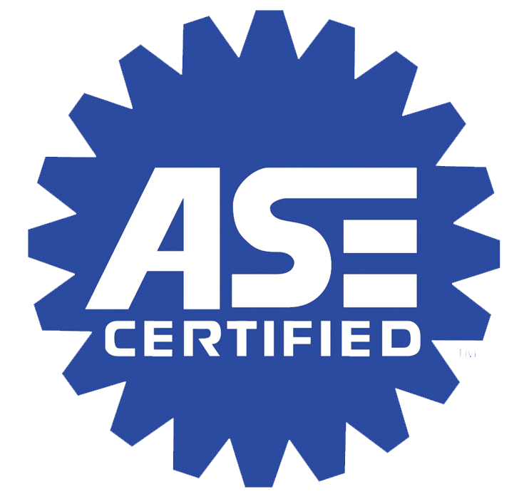 ASE certified blue badge logo with white text and gear-like border