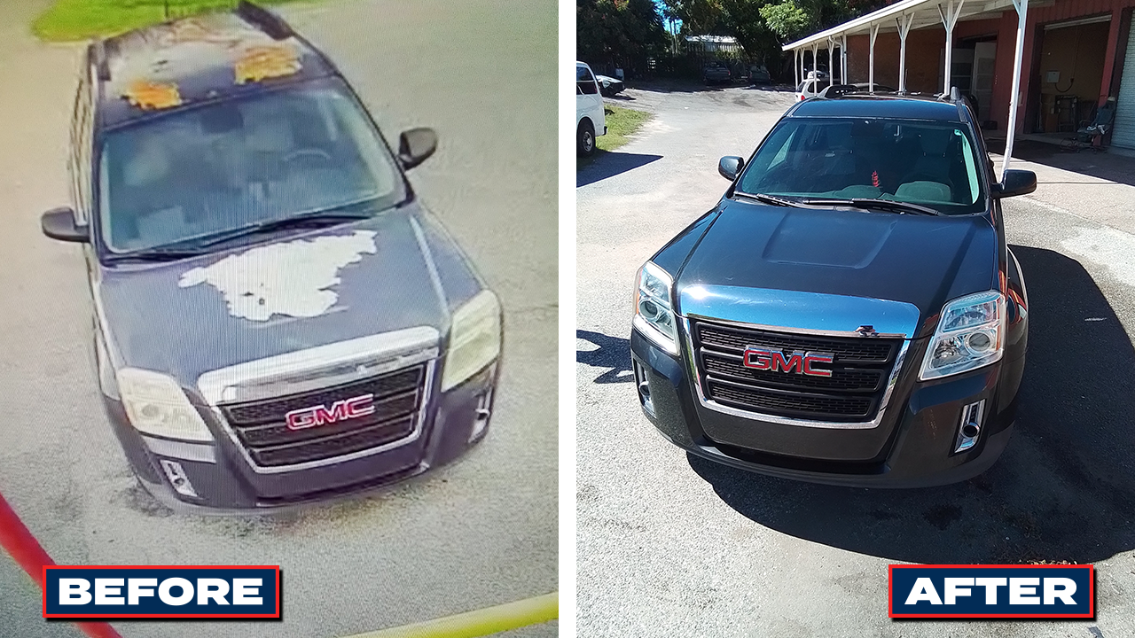 Before-and-after view of a black SUV with a gray roof, showing a paint transformation.