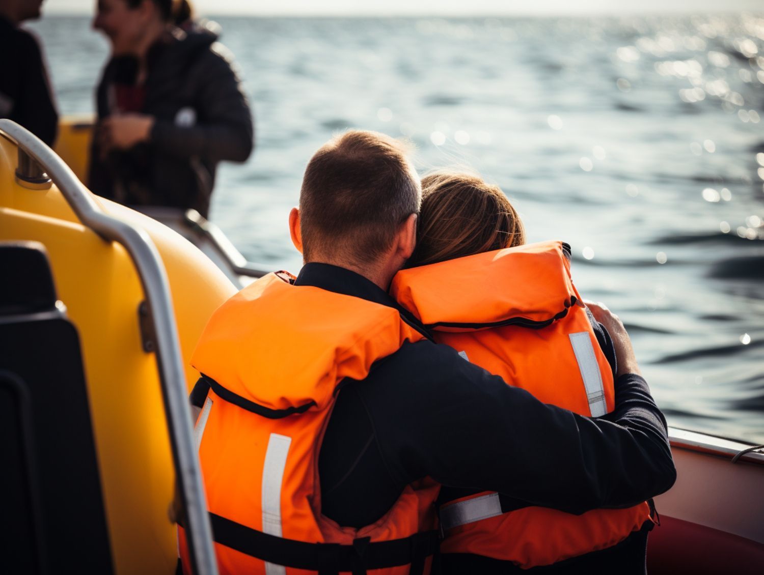 Two people in orange life jackets hug on a boat beside calm water