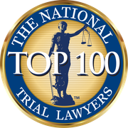 The National Trial Lawyers Top 100 emblem in blue, gold, and white with Lady Justice figure
