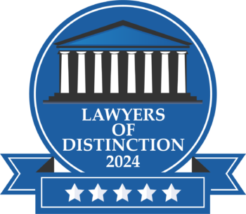 Blue “Lawyers of Distinction 2024” award emblem with courthouse columns and five stars