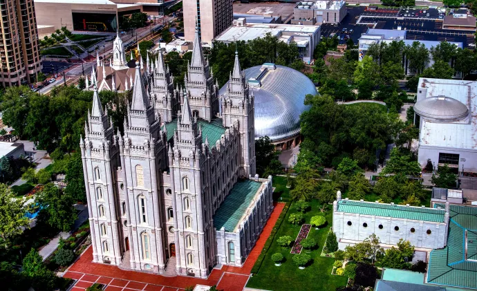 An aerial view of the salt lake city temple