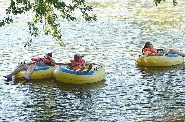 Three people are floating down a river in inner tubes.