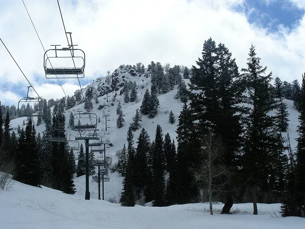 A ski lift is going up a snowy mountain