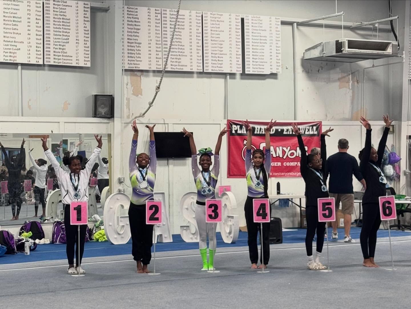 Gymnasts stand in a row with arms raised in an indoor gym competition.