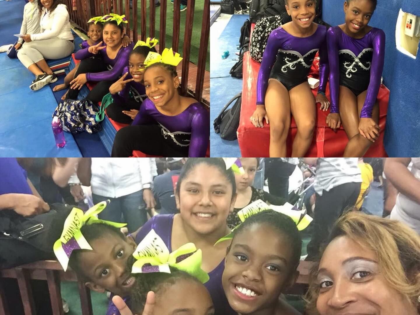 Group of smiling children and adults in purple outfits posing indoors with yellow bows and pom-poms