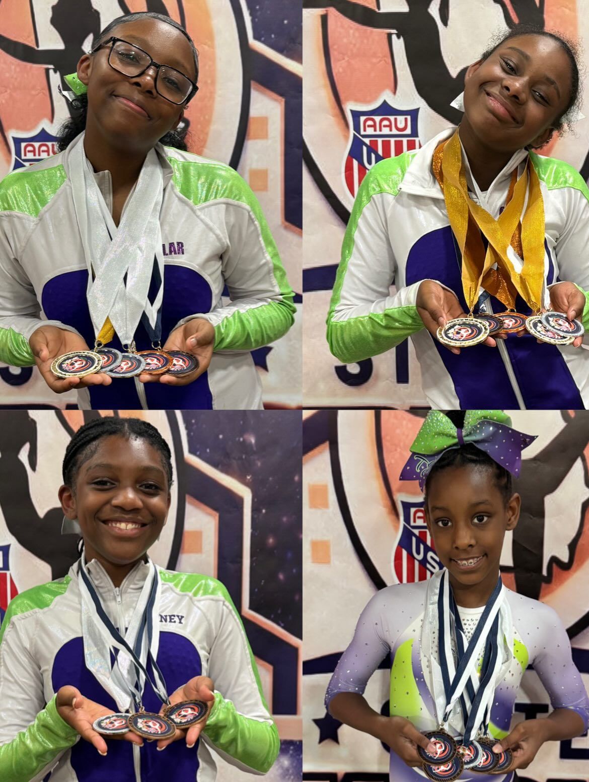 Four athletes in green and white uniforms hold medals against a sports banner backdrop.