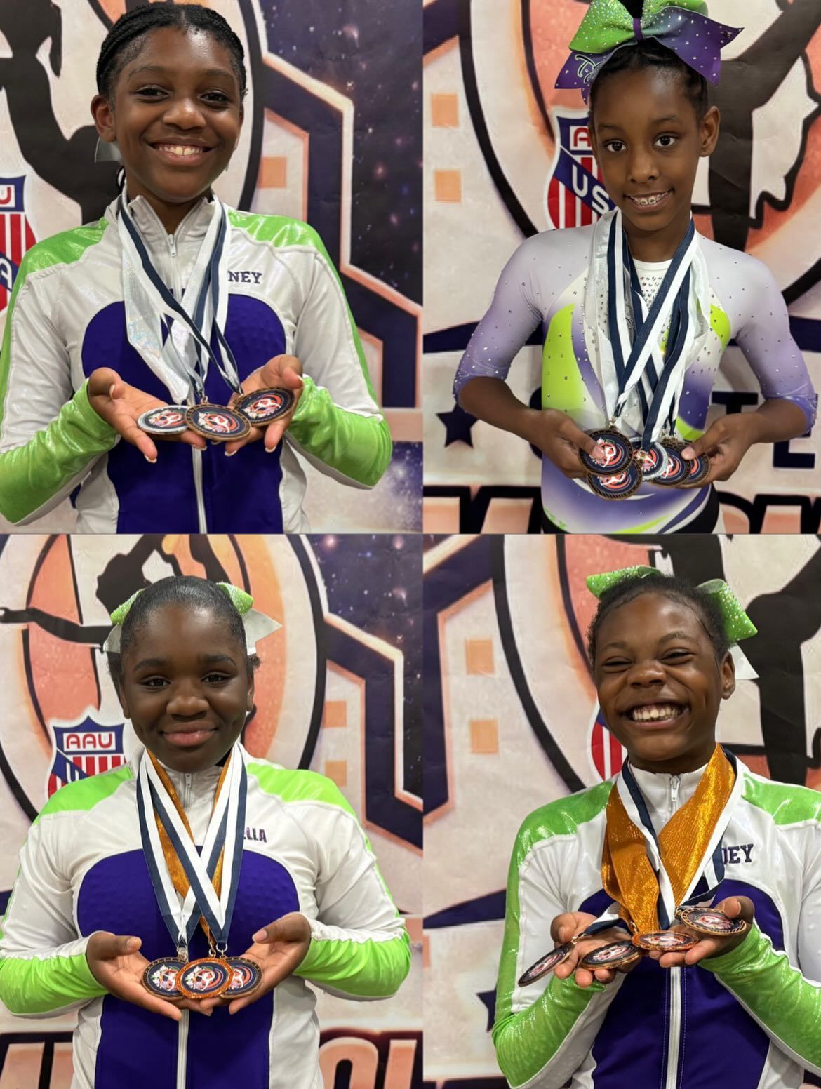 Four medal-winning athletes smiling and holding medals in a 2x2 collage, wearing ribbons and sports uniforms
