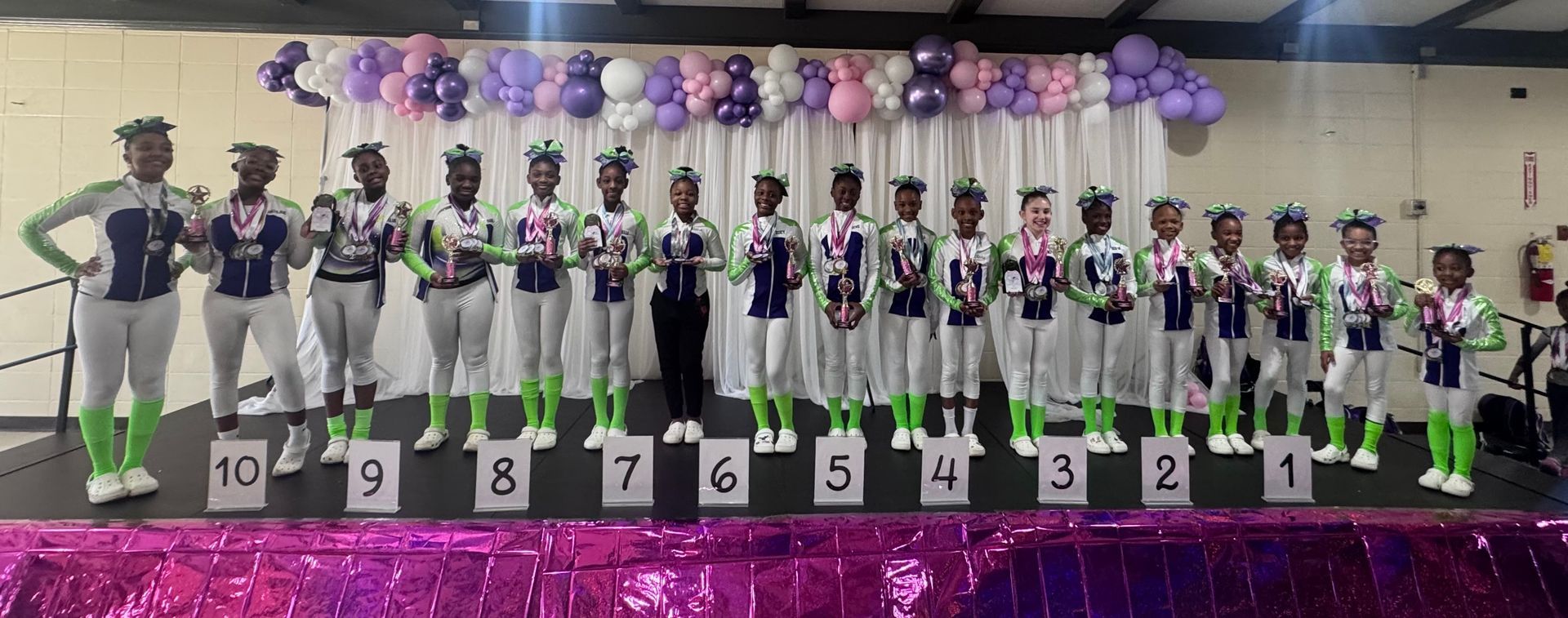 Gymnastics team on a podium holding medals and a trophy, with balloons and place numbers 1, 2, and 3.