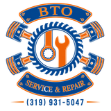 BTO Service & Repair logo with gears, pistons, wrench, and phone number (319) 931-5047