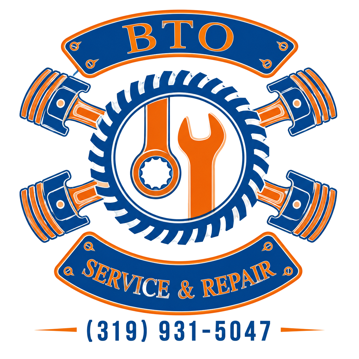 BTO Service & Repair logo with gears, pistons, wrench, and phone number (319) 931-5047