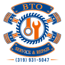 BTO Service & Repair logo with gears, pistons, wrench, and phone number (319) 931-5047