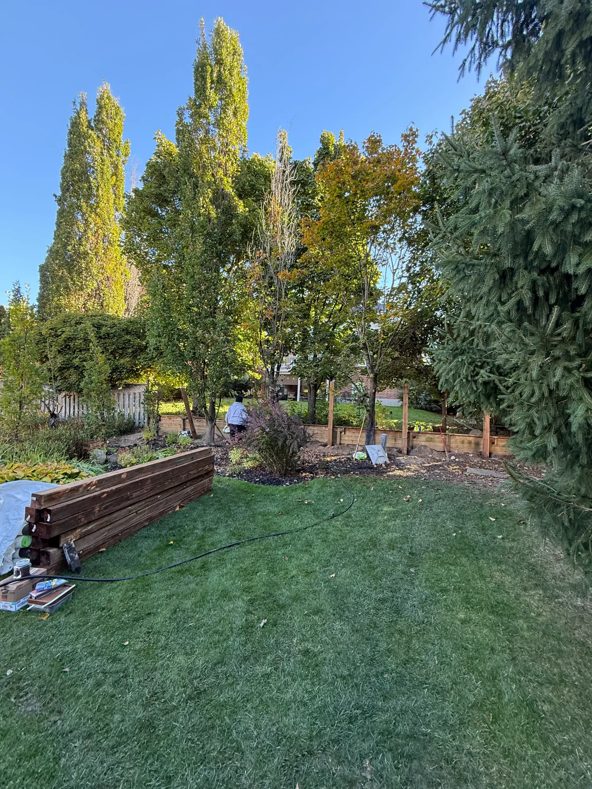 Backyard with construction in progress; lumber and posts; trees; green grass; blue sky.