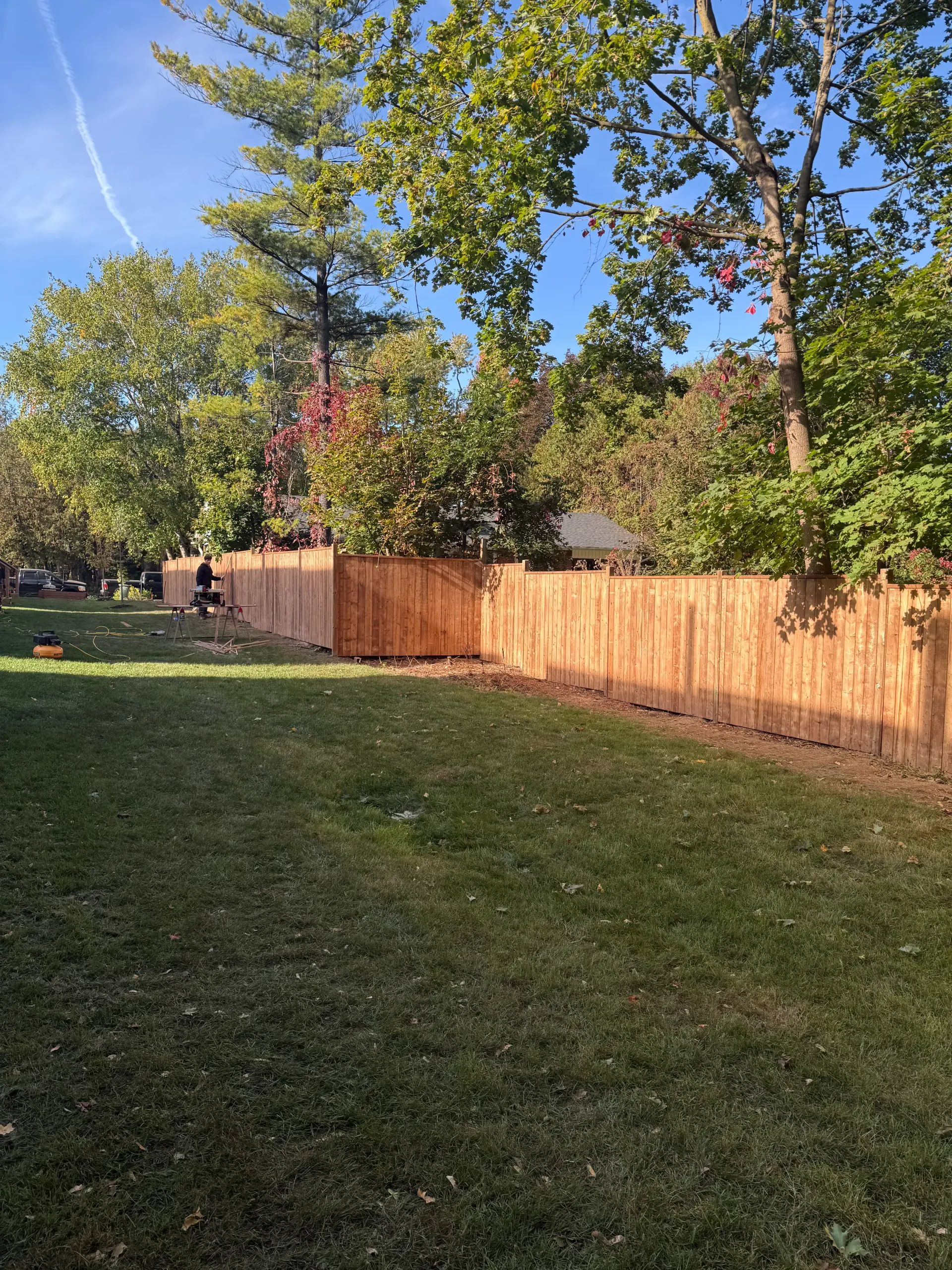 Wooden fence encloses a green lawn, with trees in the background under a blue sky.