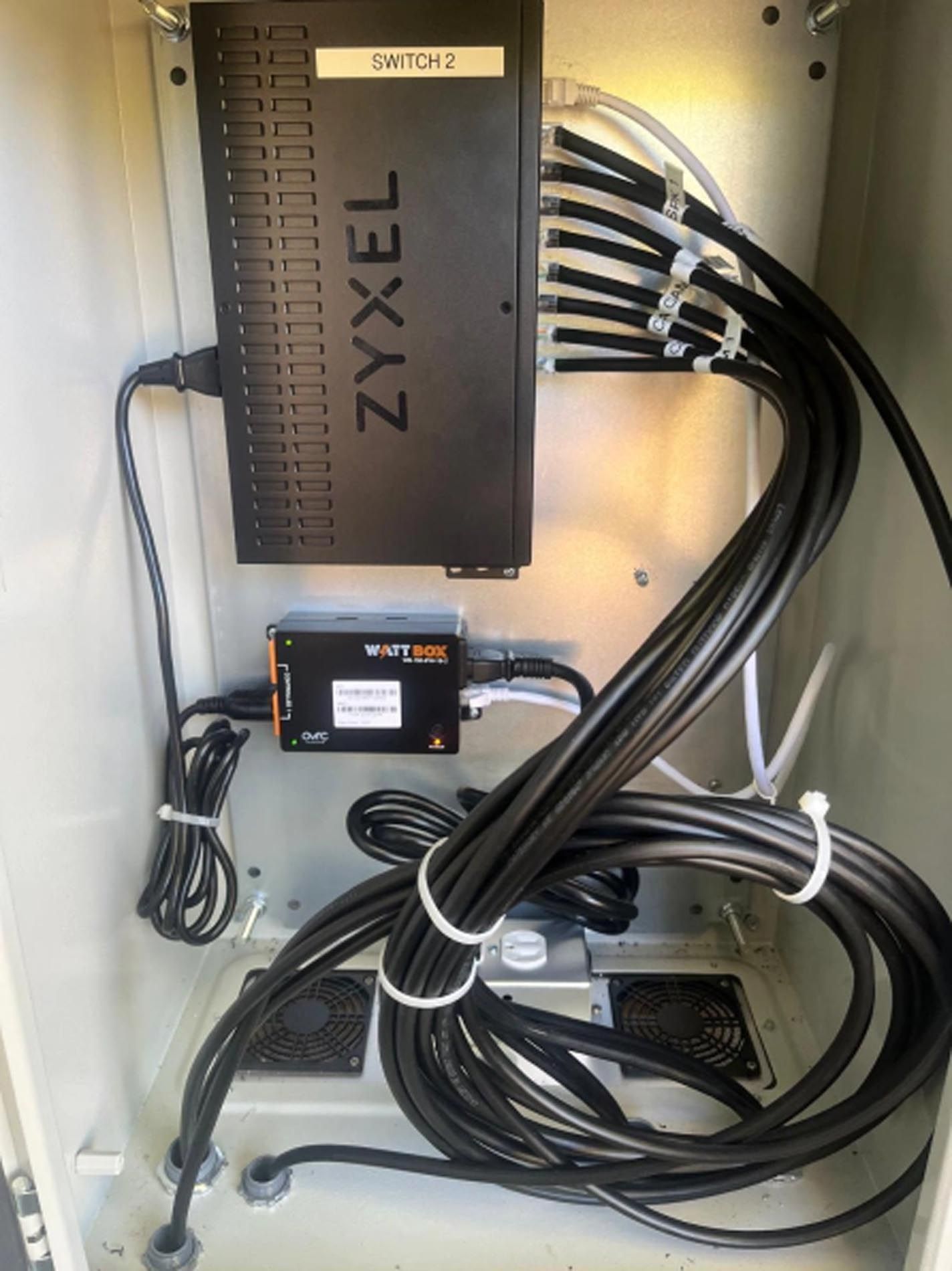Zyxel network cabinet with modem, cables, and power supplies mounted on a metal panel