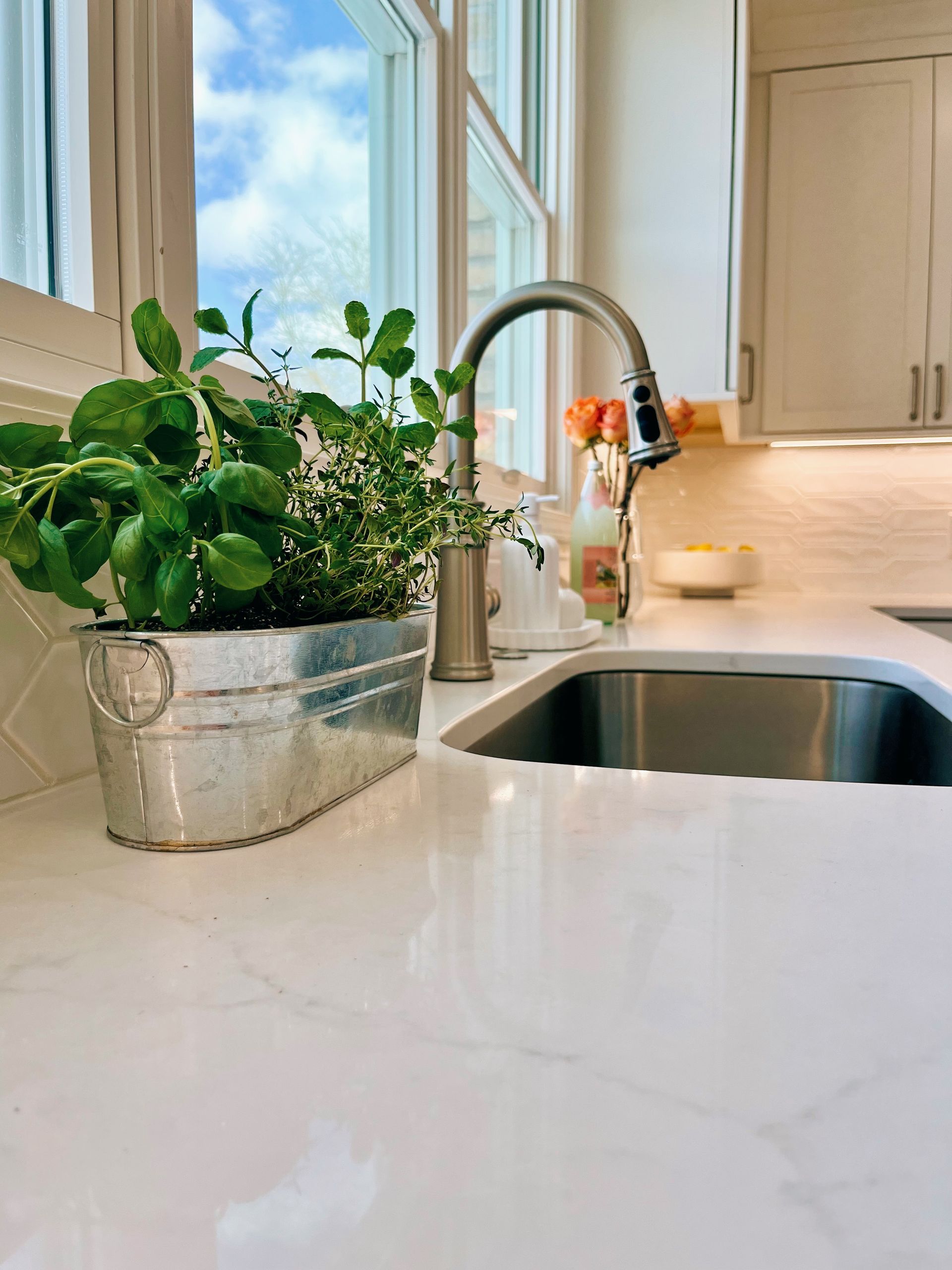 Kitchen sink beside a window with a potted green plant on a white countertop