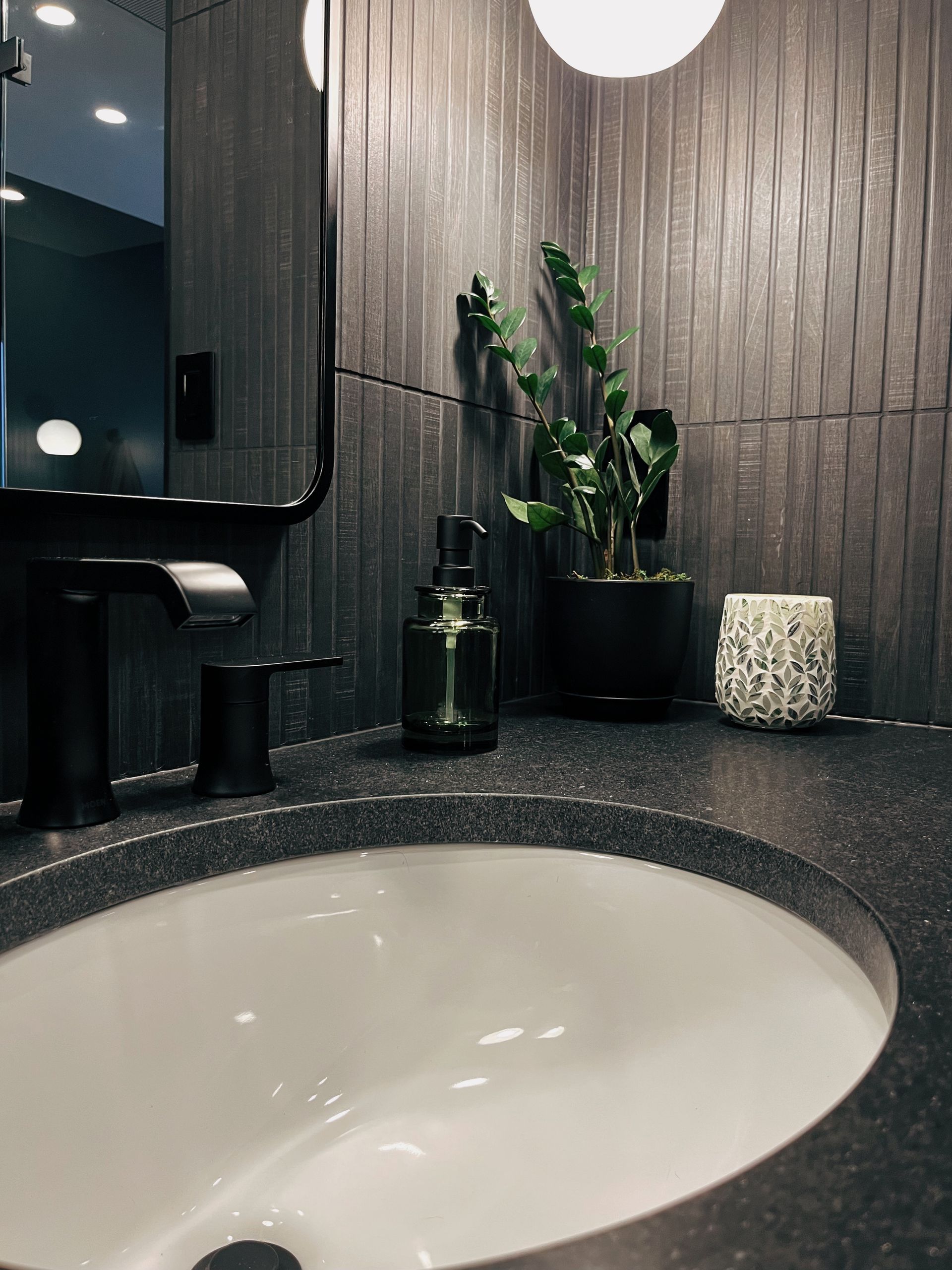 Modern bathroom sink with black speckled counter, mirror, plant, and soap dispensers