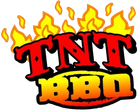 A red and orange "TNT BBQ" logo with stylized Western-style lettering set against a background of yellow flames.
