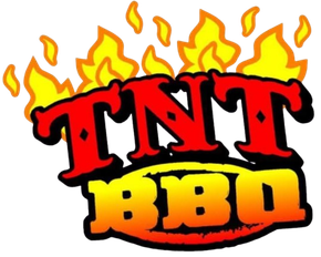 A red and orange "TNT BBQ" logo with stylized Western-style lettering set against a background of yellow flames.
