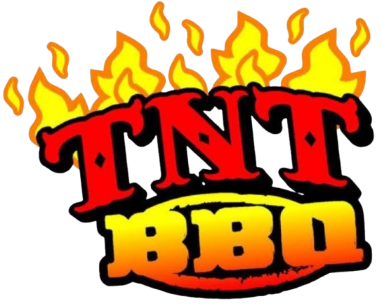 A red and orange "TNT BBQ" logo with stylized Western-style lettering set against a background of yellow flames.