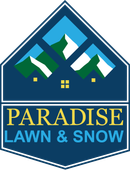 A logo for paradise lawn and snow with mountains and a house