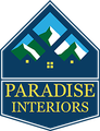 A logo for paradise interiors shows a house and mountains