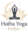 Logo di Hatha Yoga Evelyn con figura in meditazione, loto e dettagli beige.