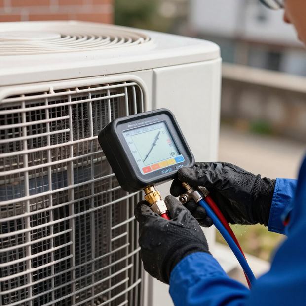 Two men reviewing a document beside an outdoor HVAC unit in front of a house