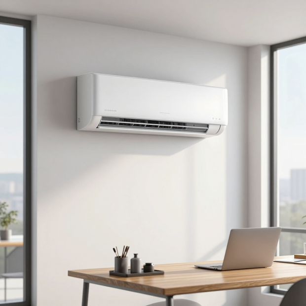 Wall-mounted white boiler with digital display in a modern gray utility room