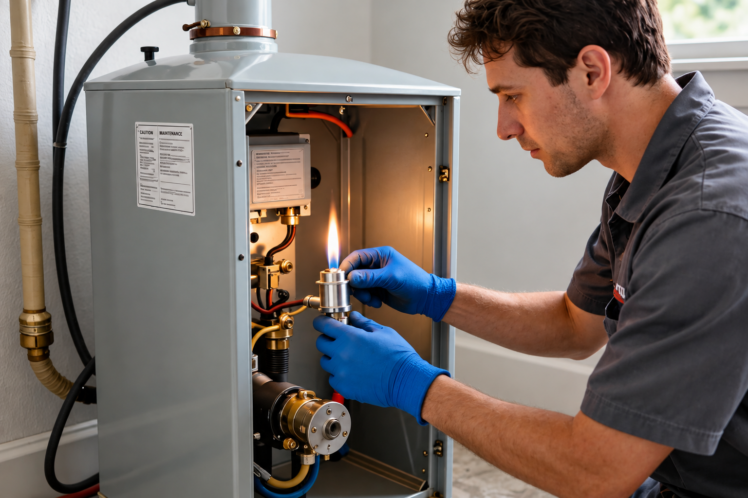 Technician in blue gloves inspecting a water heater with the cabinet open and light inside