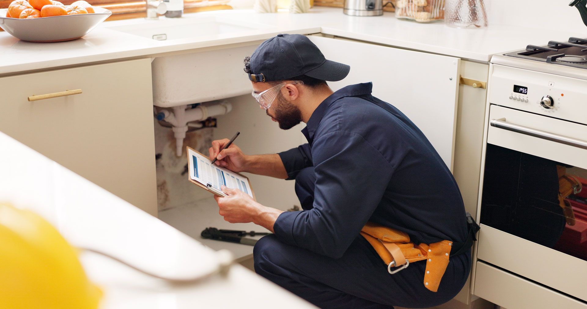 Plumber kneels under a kitchen sink, checking pipes with a wrench near an open dishwasher.
