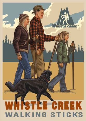 Family hiking with walking sticks 
